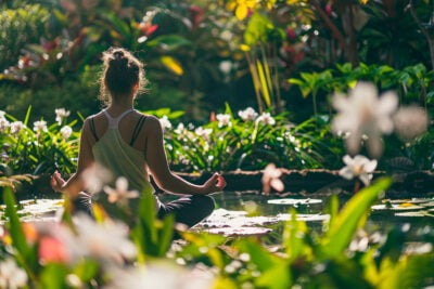 Mujer meditando en el jardín